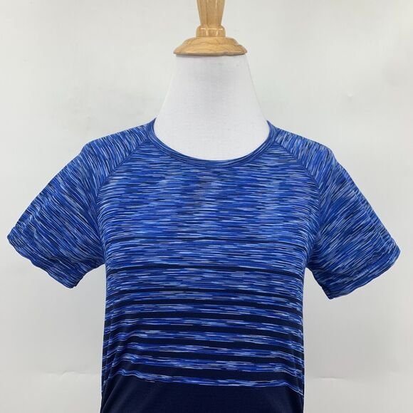 Athleta Finish Fast Spacedye Tee Women S Navy Reflective Ruched Side Gripper Hem - Picture 3 of 15